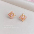 Gold Diamond Shape Pink CZ Floral Petal Stud Earrings view 4
