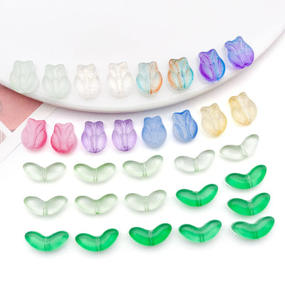 Front product photo of tulip flower and leaf glass bead showing the pictured design arrangement