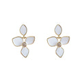 White Enamel Three Petal Flower Drop Earrings Gold Crystal view 5