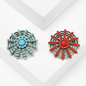 Round Beaded Sunburst Brooch with Crystal Accents in Two Colors