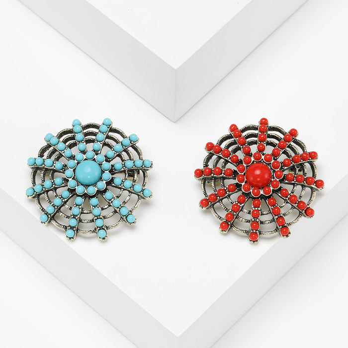 Round Beaded Sunburst Brooch with Crystal Accents in Two Colors