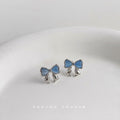 Silver Tone Blue Ribbon Bow Stud Earrings With Sculpted Loops view 4