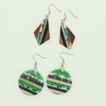 Striped Wood and Resin Round and Geometric Hook Earrings