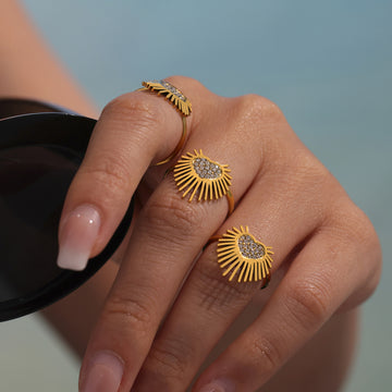 Open Heart Ring Zircon Pave Sunburst Rays Gold Silver Steel