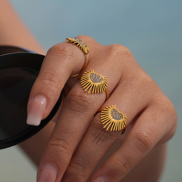 Open Heart Ring Zircon Pave Sunburst Rays Gold Silver Steel