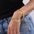 Gold Geometric Link Bangle Bracelet with Rhinestone Inlays view 3