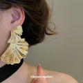 Gold Textured Folded Fan Statement Stud Earrings With Ridges view 3