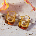 Gold Amber Resin U-Shape Hoop Earrings Copper Metal Frame view 3