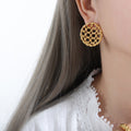 Round Hollow Mesh Chain-Link Stud Earrings Gold Steel view 4