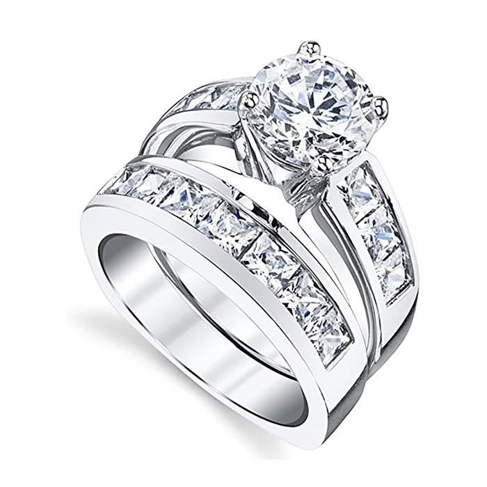 Silver Tone Round Solitaire Channel Bridal Ring Set 6-10