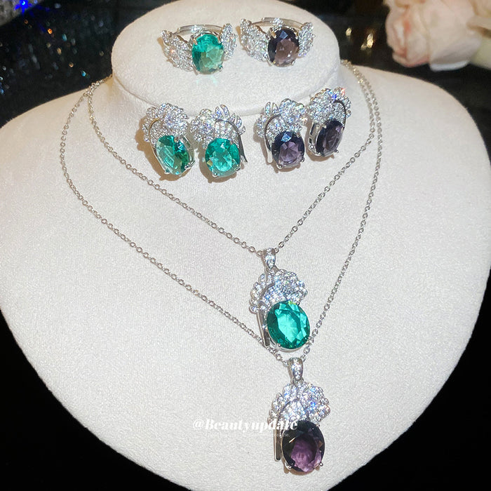 Oval Crystal Floral Studs Necklaces and Rings Six Options