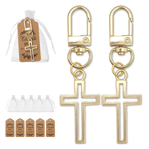 Gold open cross lobster clasp keychains with bags and tags