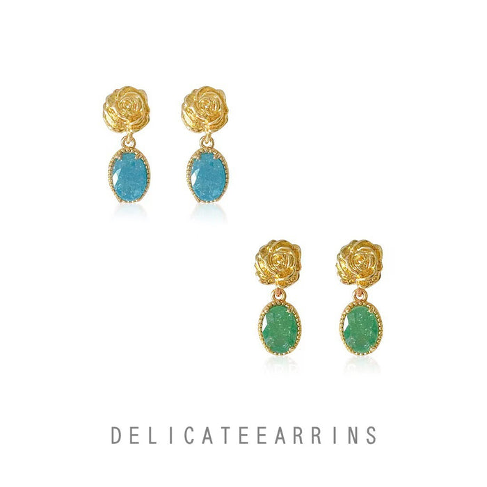 Gold Rose Stud Blue Ice Crystal Oval Drop Earrings Pair