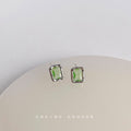 Silver Rectangular Green Crystal Stud Earrings Hammered Frame view 4