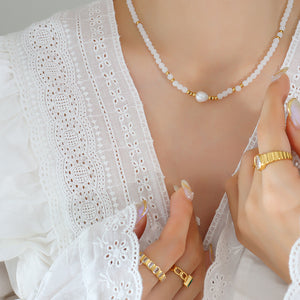 White Glass Bead Freshwater Pearl Center Necklace Gold