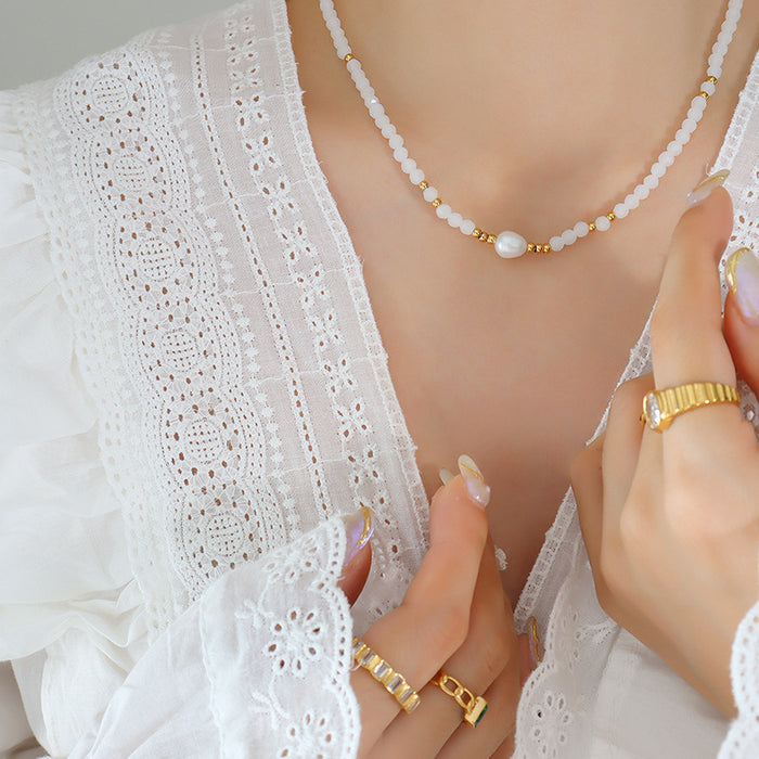 White Glass Bead Freshwater Pearl Center Necklace Gold