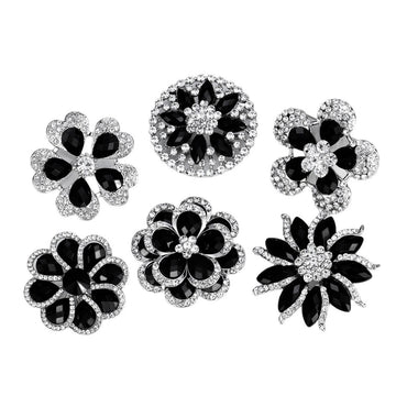 Black Silver Tone Flower Crystal Six Designs Metal Brooch Pin