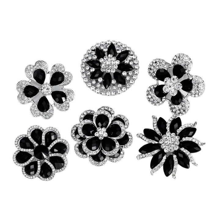 Black Silver Tone Flower Crystal Six Designs Metal Brooch Pin