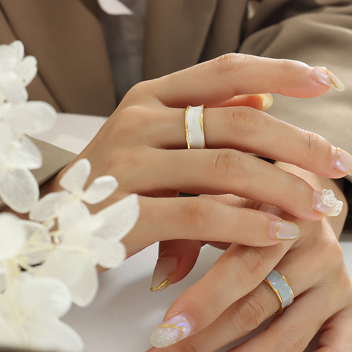 Wavy Edge Enamel Open Ring White And Blue Gray Gold Rim