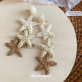 White and Beige Woven Starfish Cascade Stud Earrings view 2