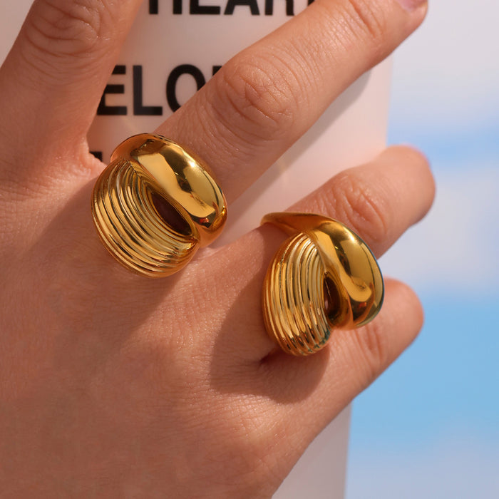Open Ring Stainless Steel Smooth Top Ribbed Texture Gold Silver