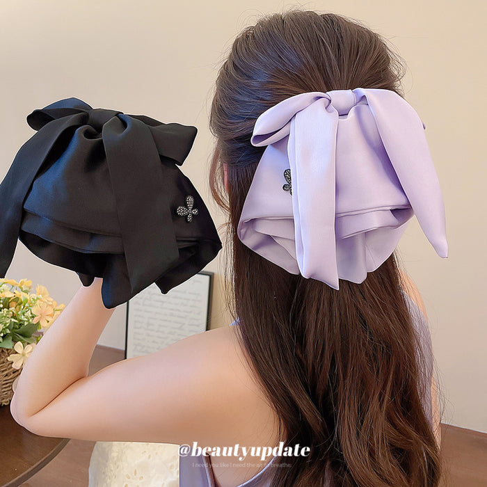 Satin Oversize Bow Hair Claw Clips Rhinestone Accents Two Colors