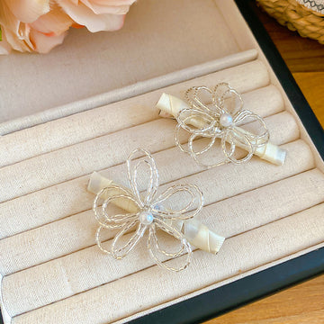 Silver Wire Openwork Flower Pearl Duckbill Hair Clip