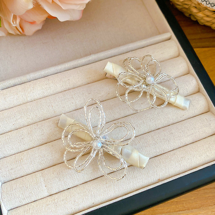 Silver Wire Openwork Flower Pearl Duckbill Hair Clip