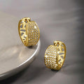 Gold Tone Pave Huggie Hoop Earrings Wide Clear CZ Band view 2