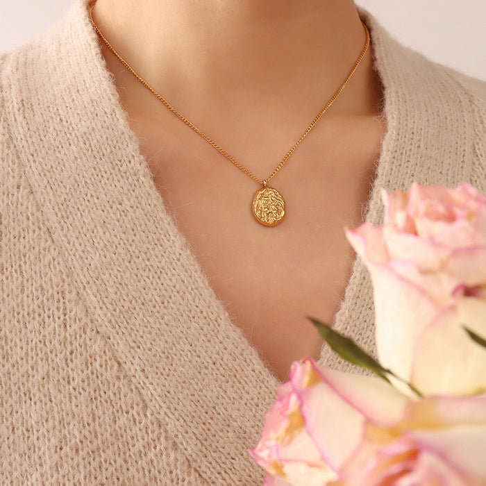 Gold Irregular Textured Oval Pendant Box Chain Necklace