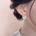 Gold Pink White Enamel Camellia Pearl Stud Earrings view 2