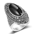 Oversized Black Oval Cabochon Ring In Antiqued Silver Tone view 1