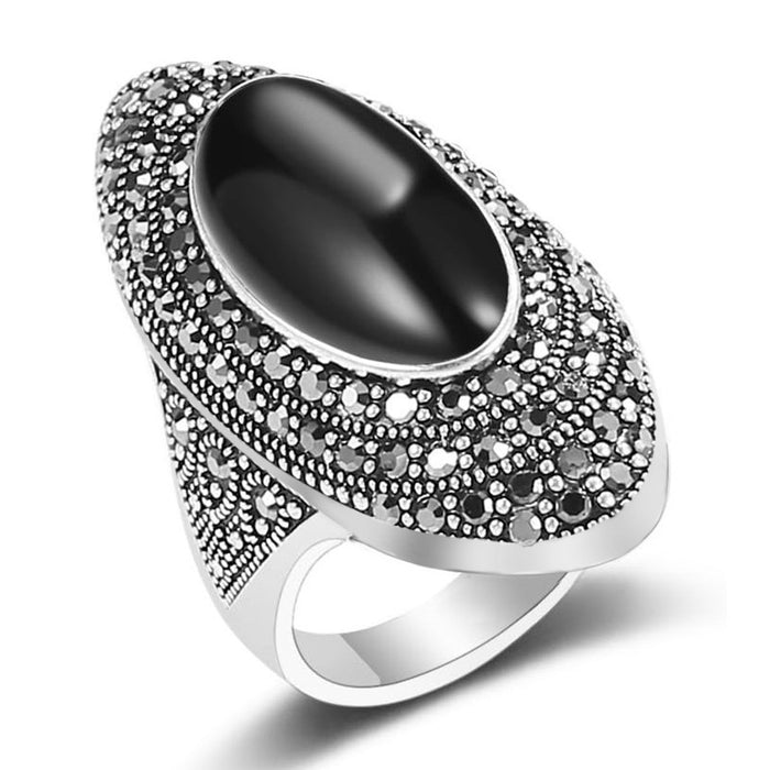 Oversized Black Oval Cabochon Ring In Antiqued Silver Tone