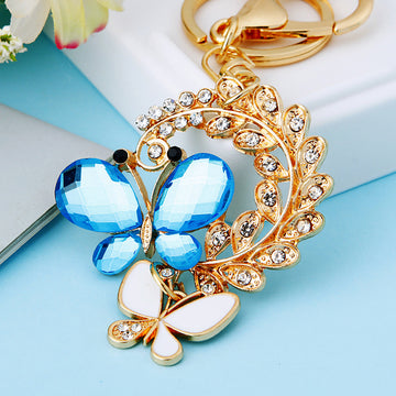 Blue Crystal Butterfly Pair Keychain with Gold Tone Ring and Clasp