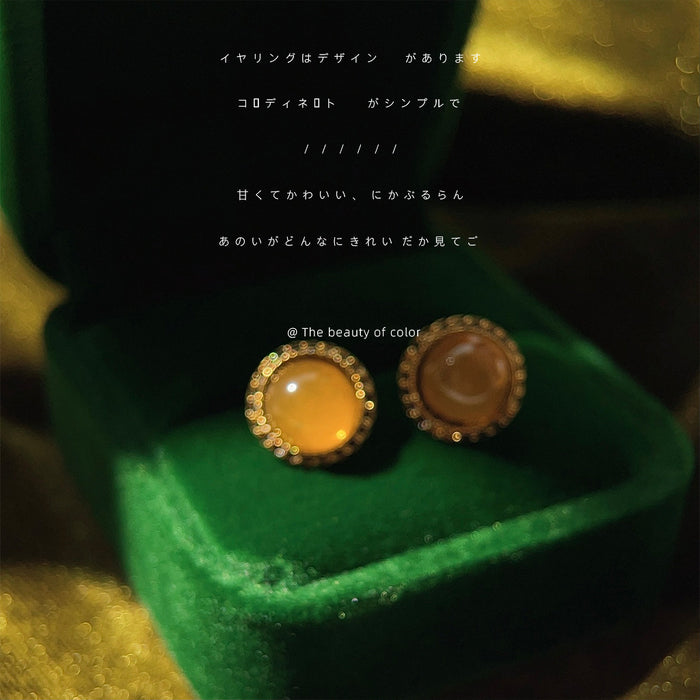 Amber Cabochon Round Stud Earrings Antique Gold Rim
