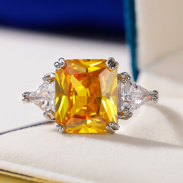 Yellow Rectangular Three-Stone Ring In Polished Silver Tone