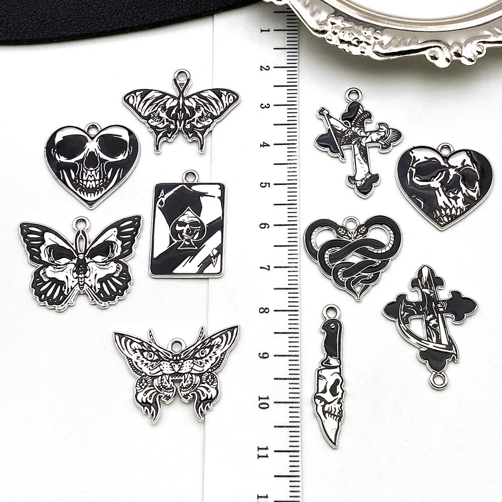 Zinc Alloy Dark Butterfly Skull Cross Poker Heart Charm Pendant for DIY Earring Necklace