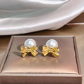 Gold and Silver Bow Pearl Look Two Way Stud Earrings view 6