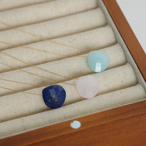 Three teardrop pendants blue pink mint in jewelry box