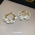 White Floral Pearl Cluster Hoop Earrings in Gold Tone view 2