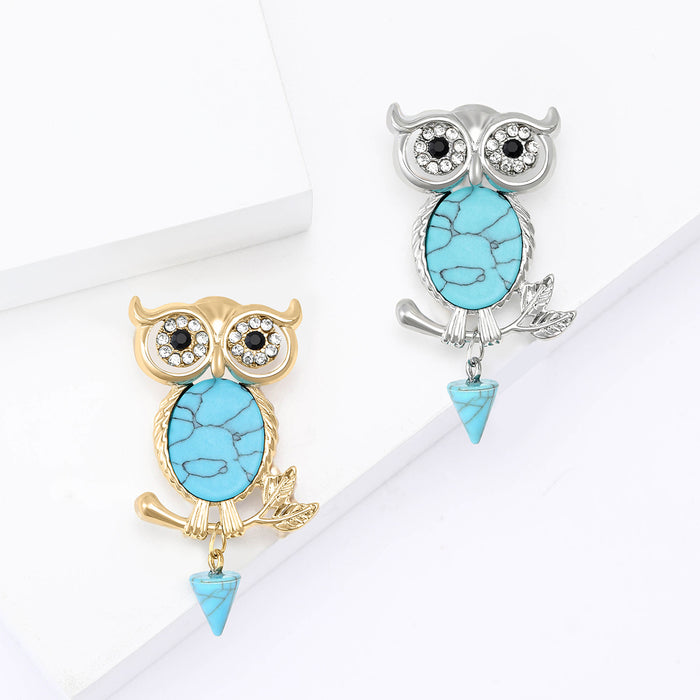 Turquoise Belly Owl Brooch With Crystal Eyes and Hanging Drop