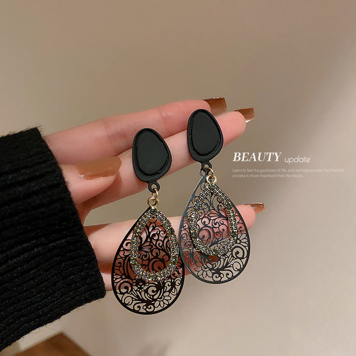 Black Filigree Floral and Checkered Statement Earrings