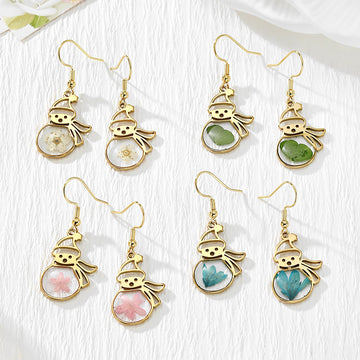 Gold Tone Snowman Pressed Flower Drop Earrings in Four Designs