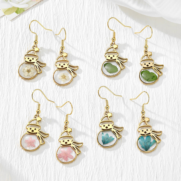 Gold Tone Snowman Pressed Flower Drop Earrings in Four Designs
