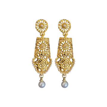 Gold Openwork Filigree Pearl Drop Earrings Decorative Jewelry Design