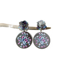 Floral Print Round Disc Earrings with Iridescent Flower Studs view 5