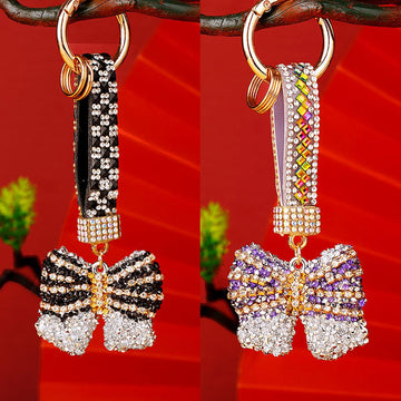 Striped Crystal Bow Keychains with Jeweled Wrist Straps in Five Colors