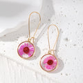 Gold Tone Round Pressed Botanical Resin Long Hook Earrings view 2