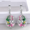 Silver Tone Pink Green Enamel Oval Flower Drop Earrings view 2