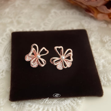 Rose Gold Openwork Flower Stud Earrings Pearl Pave Crystal